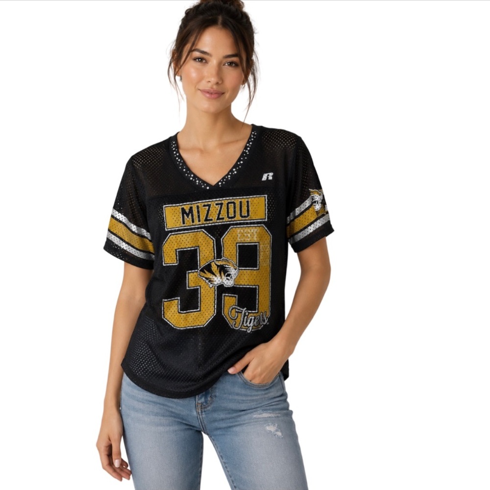 Missouri Tigers Mesh V-neck Rhinestone Neckline Graphic Black Team Jersey